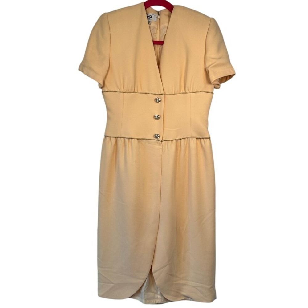 Vintage PSI Women's‎ pale yellow Short Sleeve Rhinestone Button Dress Size 6